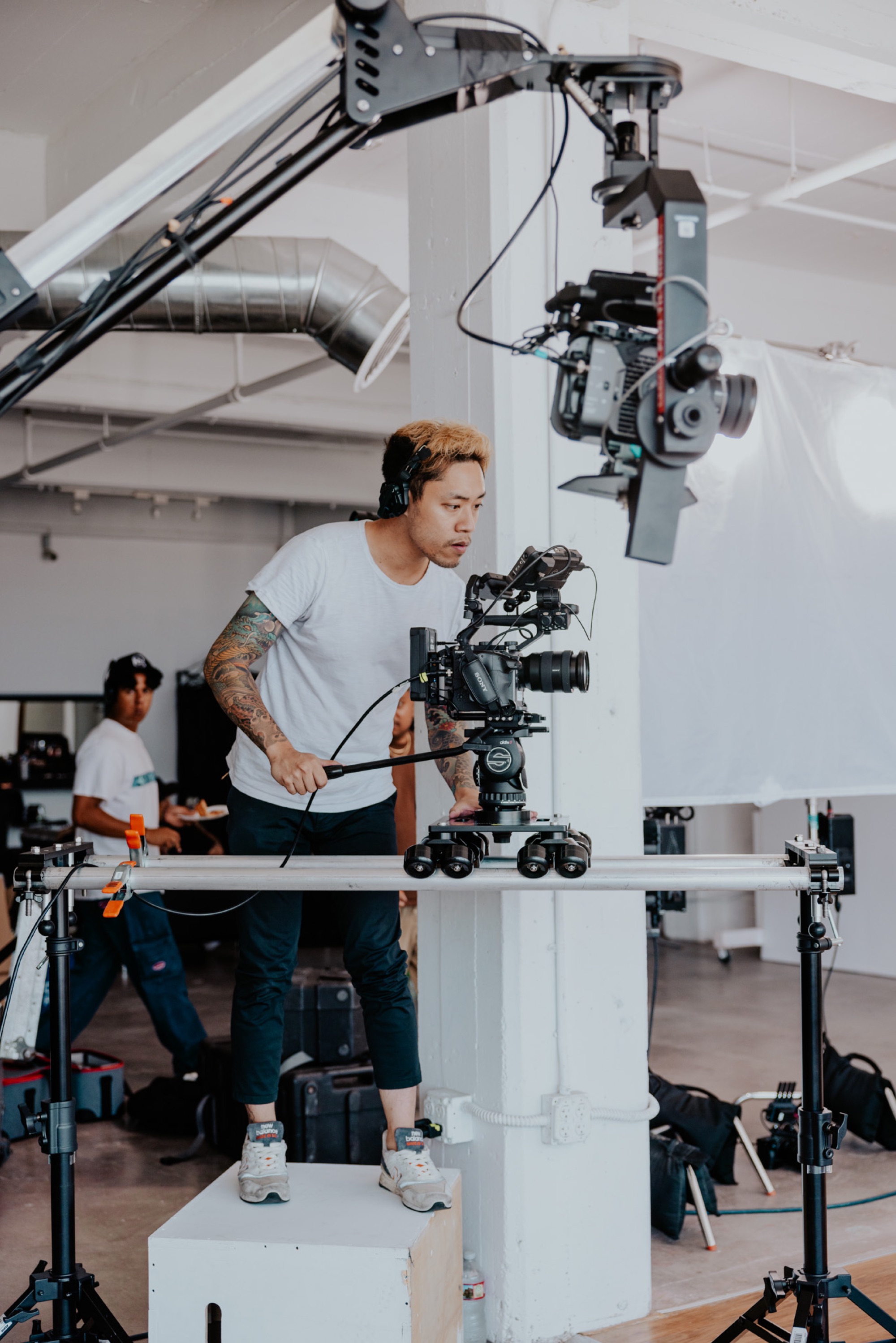 On set with Sony cinema rig on motorized dolly