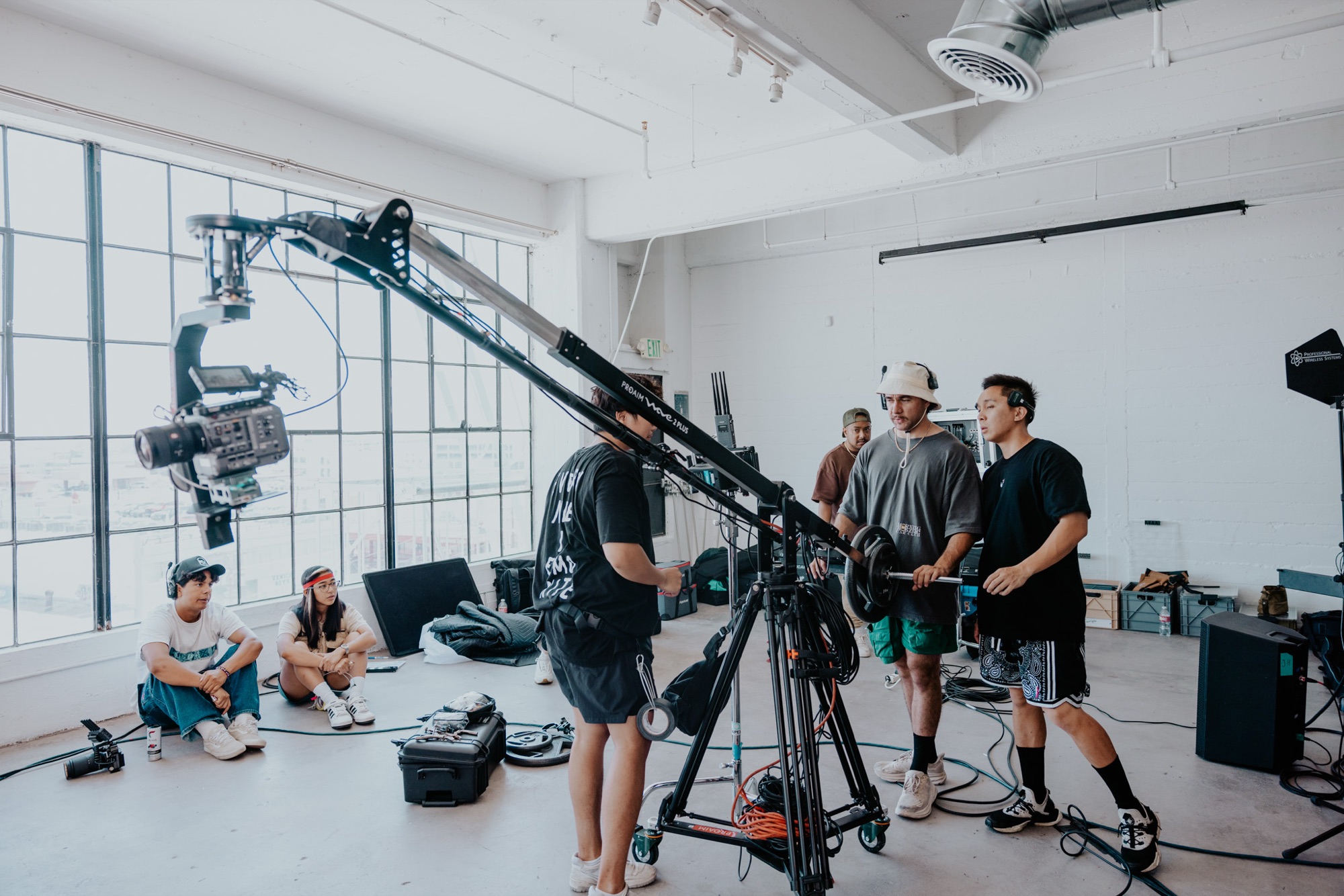 Studio production with jib arm and crew